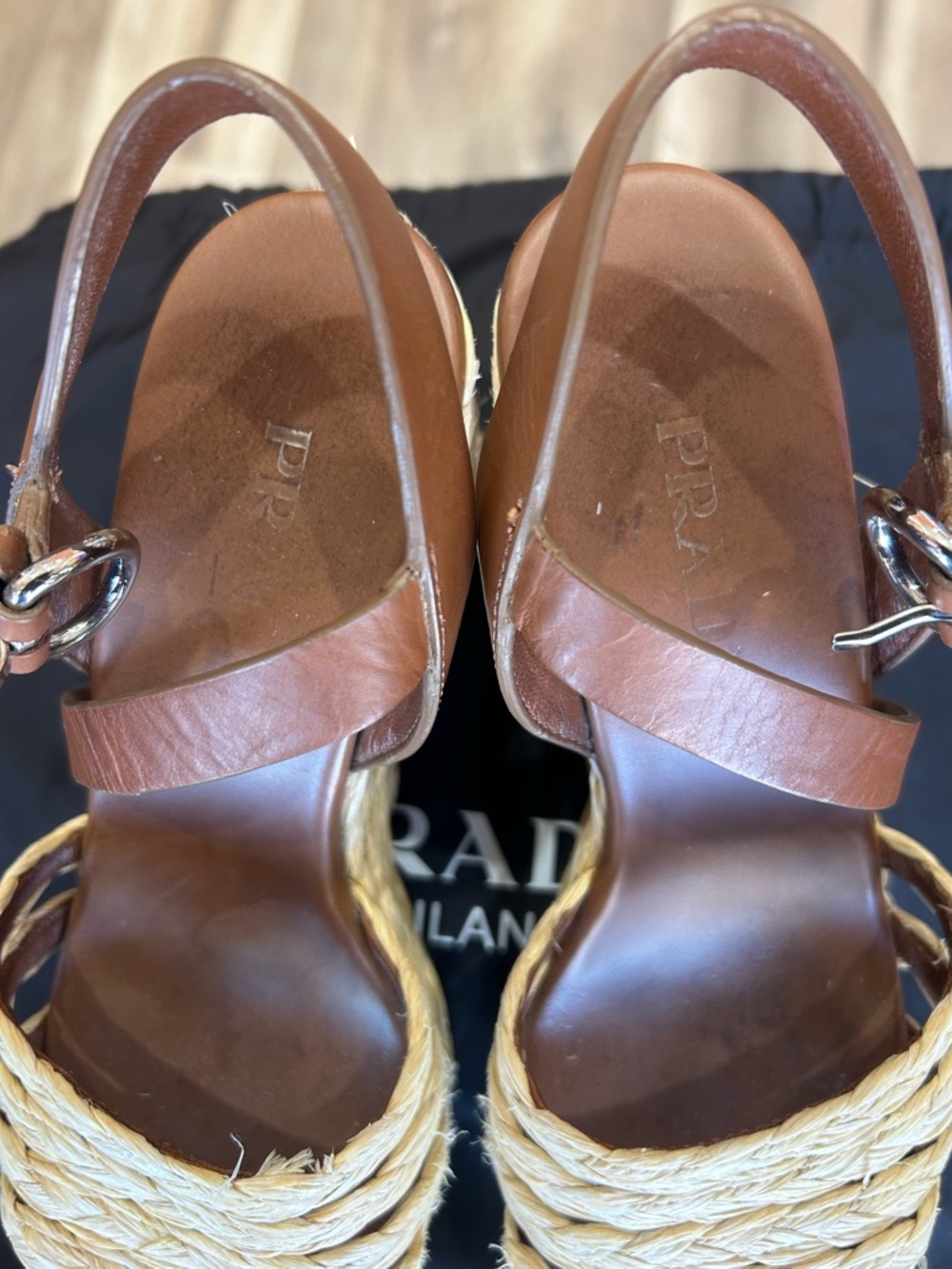 Prada Leather and Woven Raffia Espadrille Wedge Sandals - Picture 6 of 7
